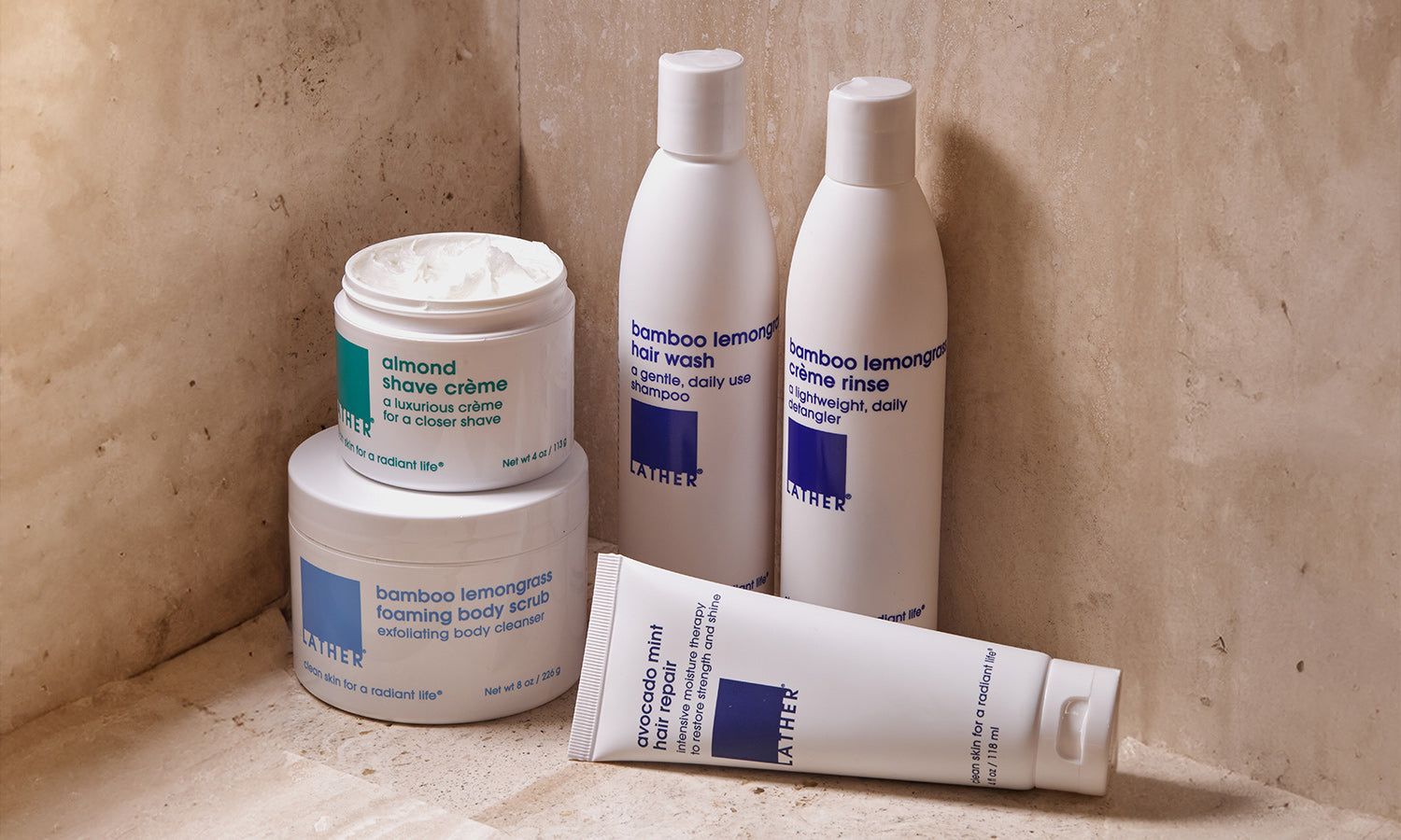 Array of bottles and jars in the shower.