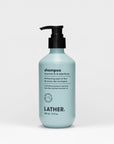 light blue pump bottle of shampoo