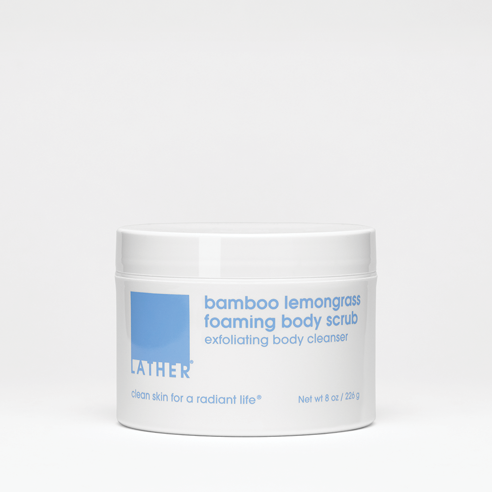 Bamboo Lemongrass Foaming Body Scrub 8 ounce product jar on white background.