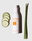 Cucumber Milk Facial Cleanser bottle next to slices of cucumber and a stalk of aloe vera